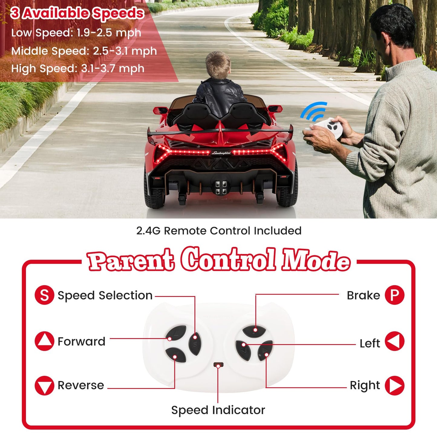 Costzon Ride On Car, Lamborghini Licensed 12V Battery Powered 4Wd Sports Car With Remote Control, 3 Speeds, Hydraulic Doors, Led Lights, Towing Wheel, Horn, Music, Electric Vehicle For Kids Aged 3-8