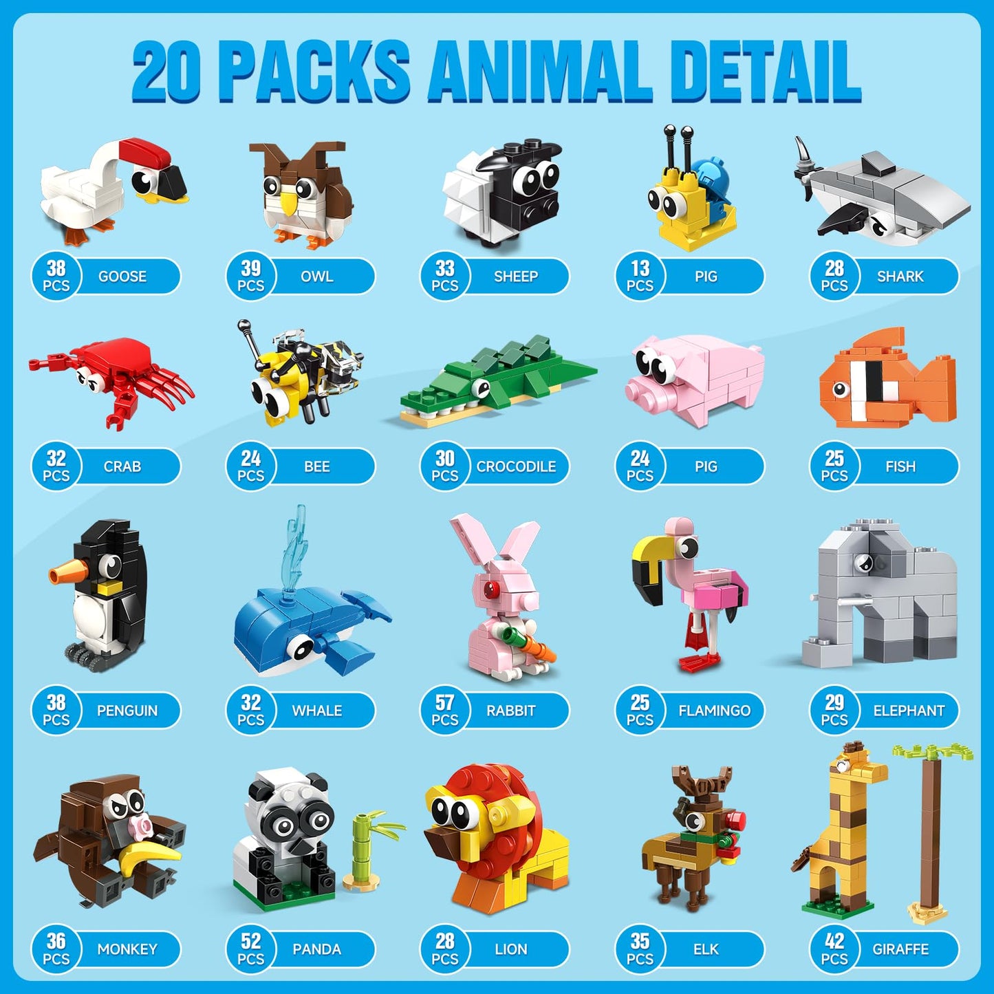 HOGOKIDS Building Blocks Set - 20 Pack Colorful Animal Toys for Kids Ages 6-12, Perfect for Party Favors, Easter Gifts, and Classroom Prizes