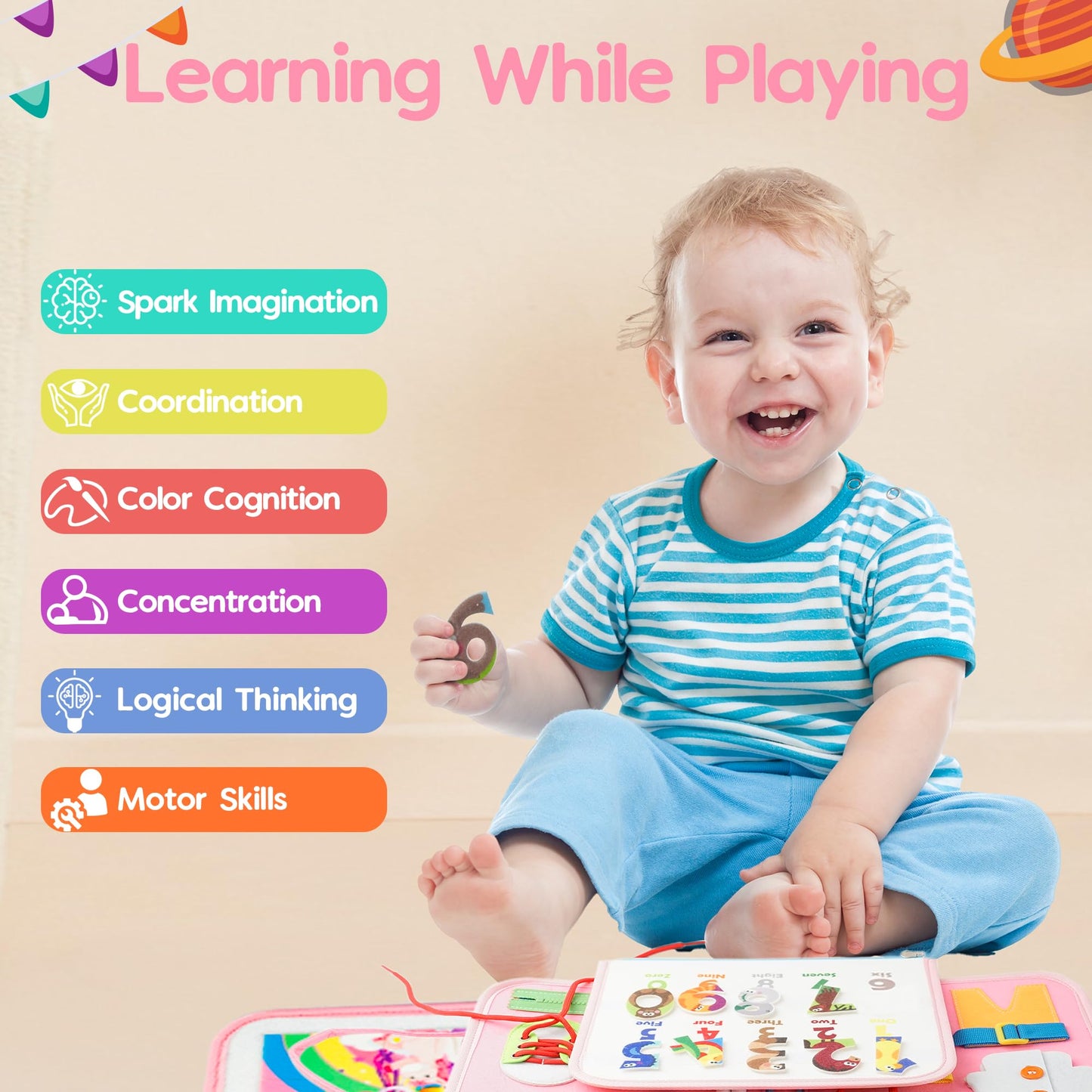 Bellochiddo 8 In 1 Montessori Busy Board, Toddler Busy Board With Preschool Educational Activities Learning Fine Motor Skills, Sensory Toys For Toddlers 1-3,Travel Toys Gifts For Girls Boys 1 2, Pink
