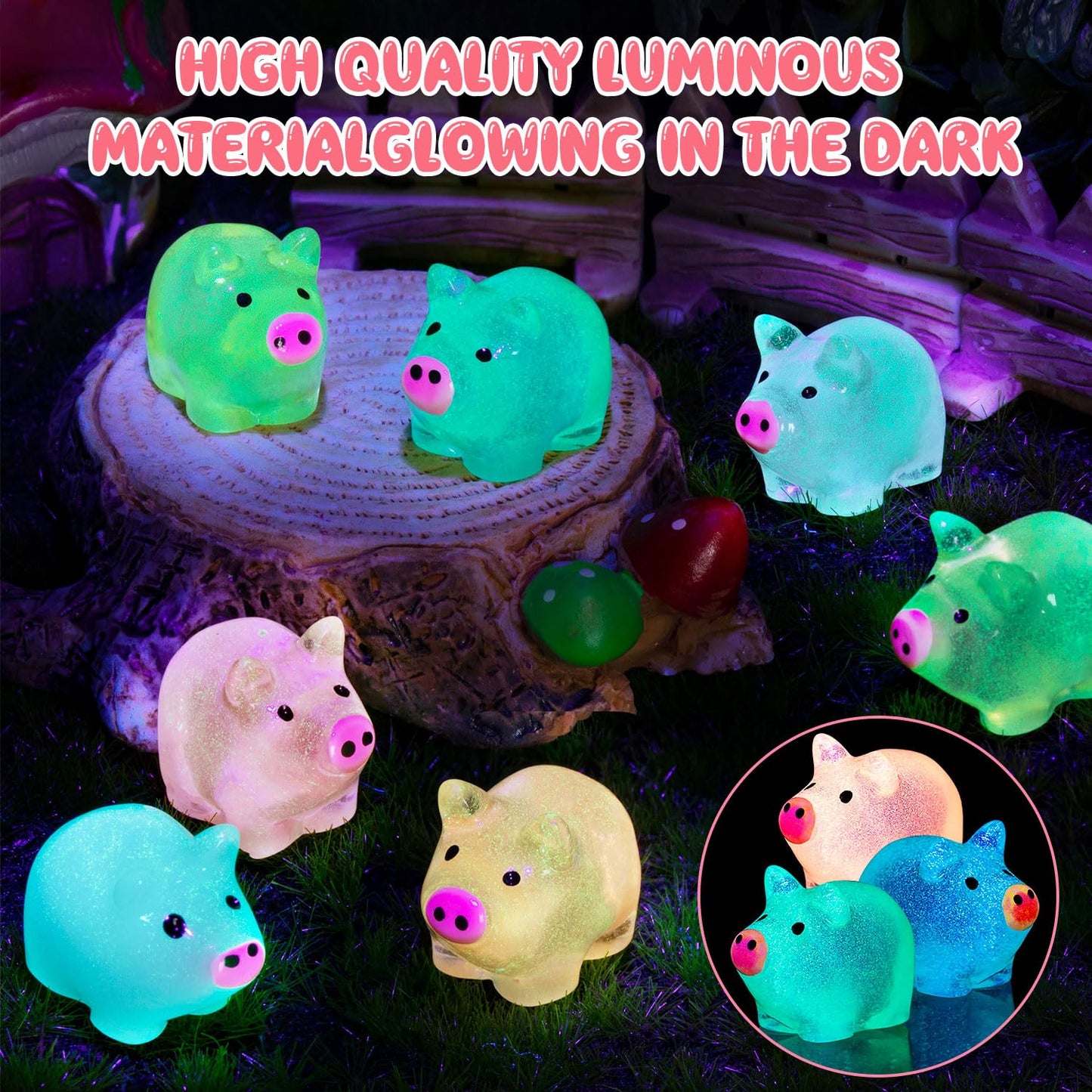 SYWHXY 56PCS Luminous Mini Resin Pigs Cute Mini Pigs Figures Glow in The Dark, Tiny Pigs Miniature Charms Ornament for Garden La