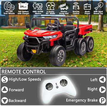 Sopbost 2 Seater 24V Kids Ride On Truck With Electric Dump Bed, Extra Shovel, 4Wd Battery Powered Ride On Toy Car With Remote Control, Music Play, Eva Tires Wheels, Red