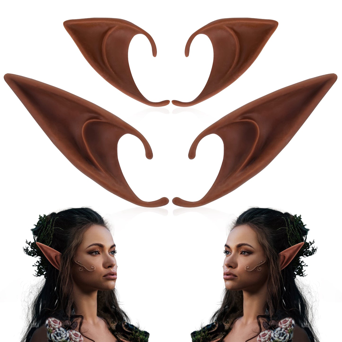 Freshme 2 Pairs Brown Elf Ears - Short And Long Fairy Ears Set Silicone Vampire Ears Anime Pixie Elven Ear Brown Skin For Women