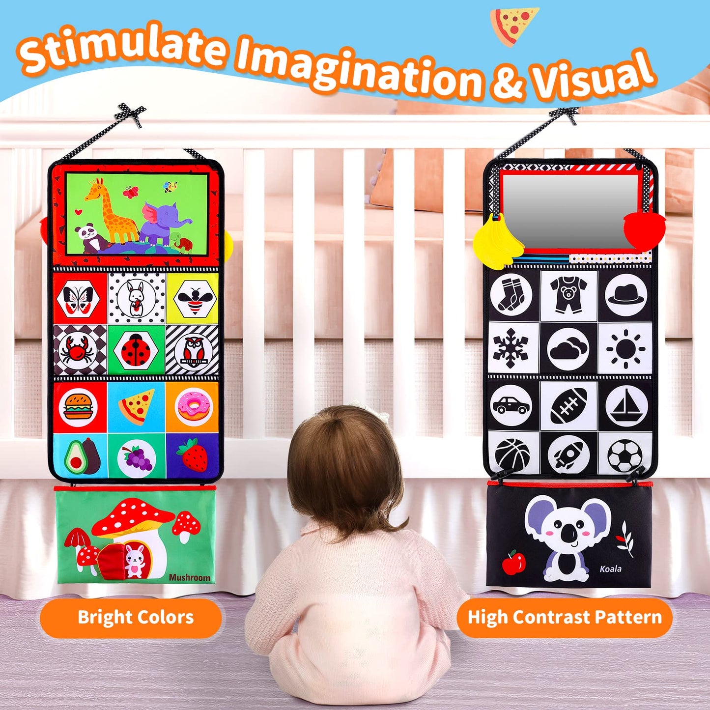 Baby Mirror Tummy Time Toys 0-3 3-6 Months Sensory Crinkle Cloth Baby Books Black And White High Contrast Baby Toys For Newborn Infant Montessori Car Seat Teething Toys 0-6 6-12 Month Boys Girls Gifts