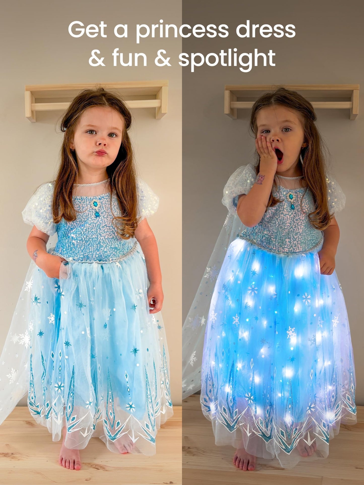 Uporpor Princess Dresses For Girls Toddler Princess Costume Dress Up Clothes For Girls Halloween Costume With Cape For Christmas, Birthday, Party, Led Light No Assembly Needed, 110