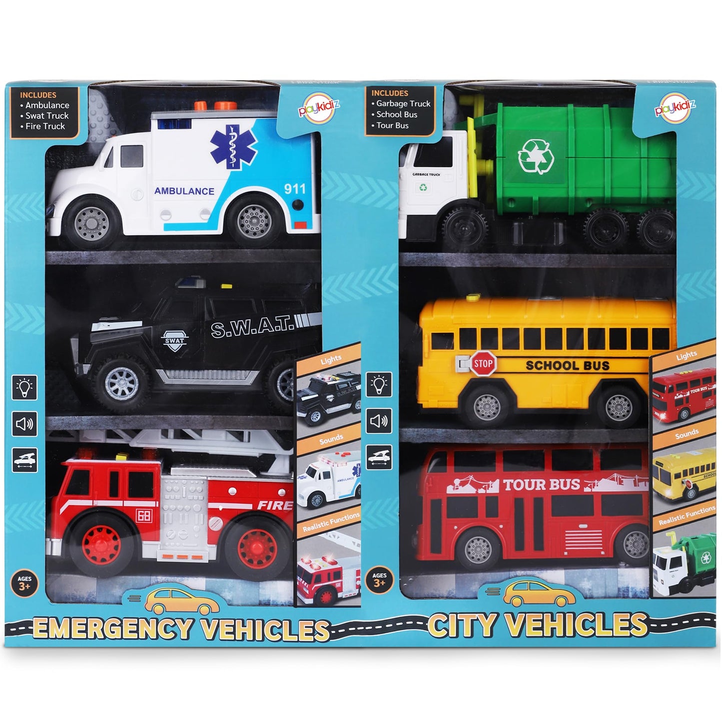 Playkidiz Toy Cars For Toddlers - 6Pcs Pull Back Cars Toys With Light And Sounds, City And Emergency Vehicles Set, Including Pol