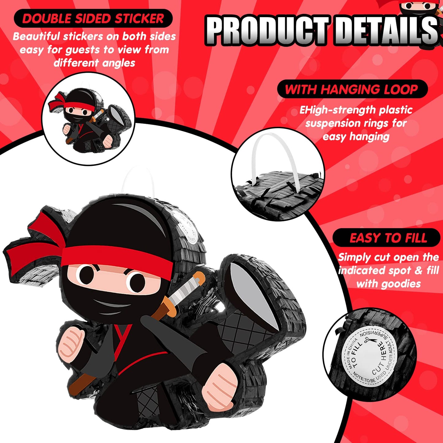 Karate Ninja Pinata Ninja Birthday Party Supplies With Pinata Stick Confetti And Blindfold, Ninja Warrior Birthday Party Decor For Adults Game Black Ninja Party (17 X 11.6 X 3 Inch, Trendy Style)