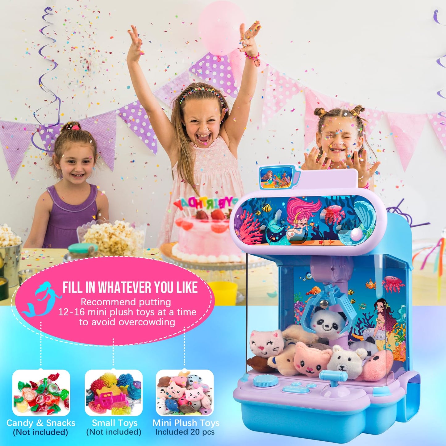 Claw Machine For Kids,Mini Vending Machines Candy Grabber Prize Dispenser Toys For Girls Boys, Electronic Arcade Game With 20 Mini Plush Toys For Party Easter Birthday Gifts