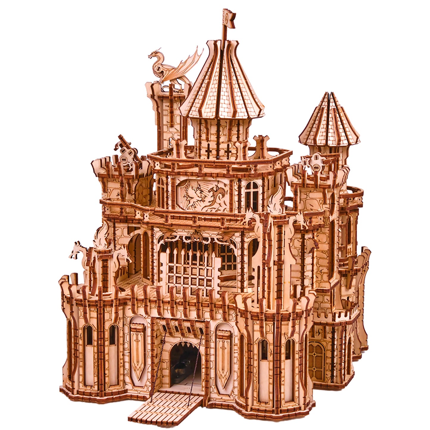 Wood Trick Dragon Castle Movable Wooden 3D Puzzles For Adults And Kids To Build - Red Led - Greensleeves Melody - Towers Rotating - Engineering Diy Project Mechanical Model Kits For Adults