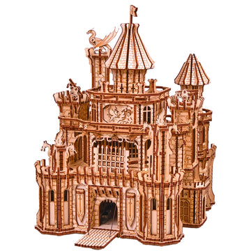 Wood Trick Dragon Castle Movable Wooden 3D Puzzles For Adults And Kids To Build - Red Led - Greensleeves Melody - Towers Rotating - Engineering Diy Project Mechanical Model Kits For Adults