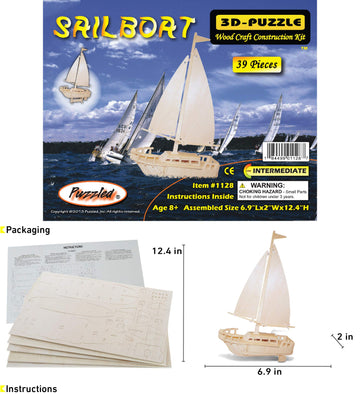 Puzzled 3D Puzzle Sailboat Wood Craft Construction Model Kit, Fun Unique & Educational Diy Wooden Toy Assemble Model Unfinished Crafting Hobby Boat Puzzle To Build & Paint For Decoration 39Pcs Pack