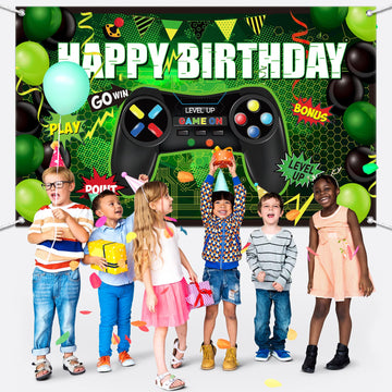 Blulu Video Game Happy Birthday Backdrop Game On Birthday Banner Level Up Gaming Theme Party Background Photo Props For Party Wall Decorations Supplies(Green)