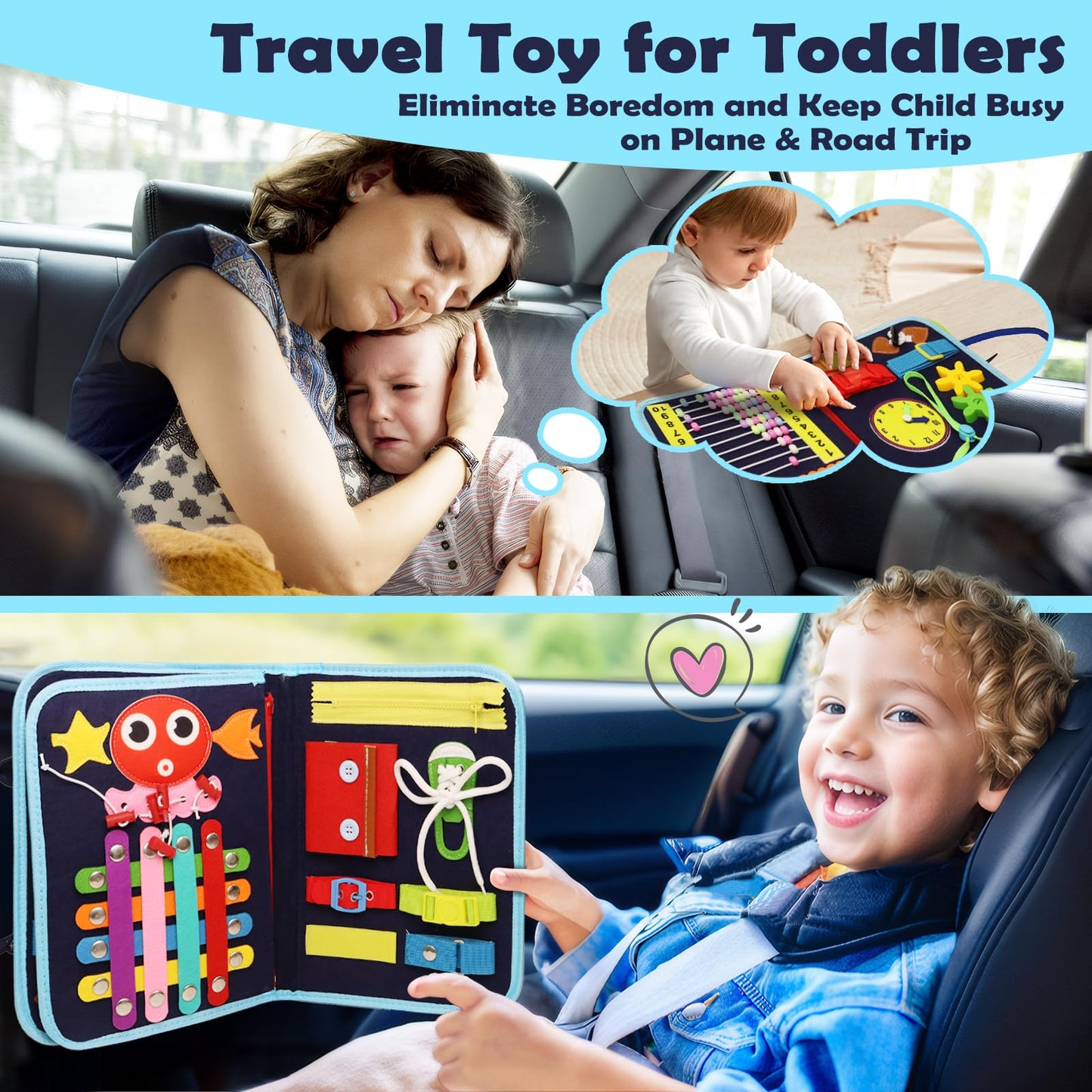 Majavi Busy Book For Toddlers 1-3, Montessori Toys Busy Board For 1 2 3 4 Year Old Boy Girl Birthday Gift - 5 In 1 Quiet Activit