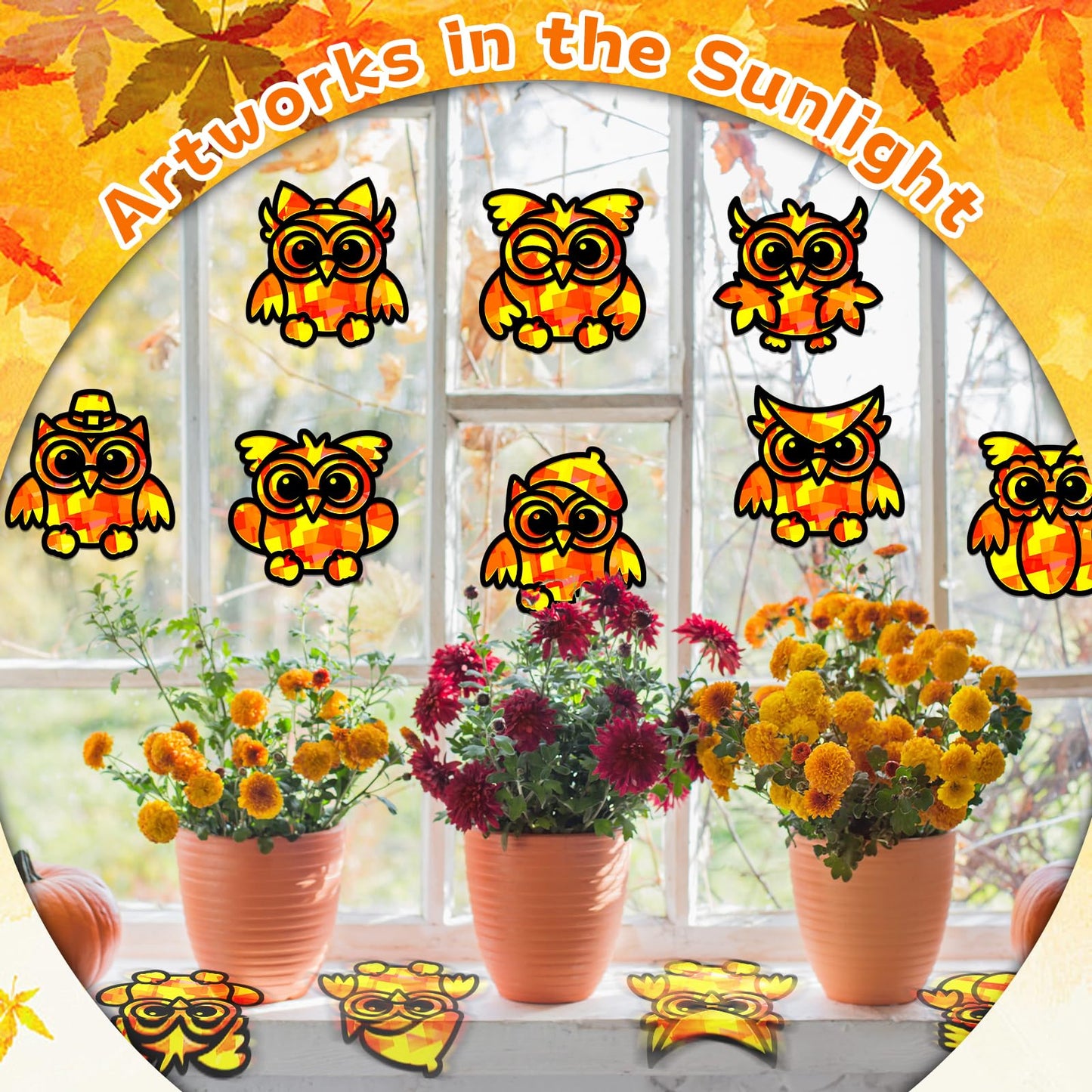 QOUBAI 32 Sets Fall Owl Suncatchers Craft Kit DIY Window Stained Glass Effect Autumn Owl Paper Crafts Home School Classroom Deco