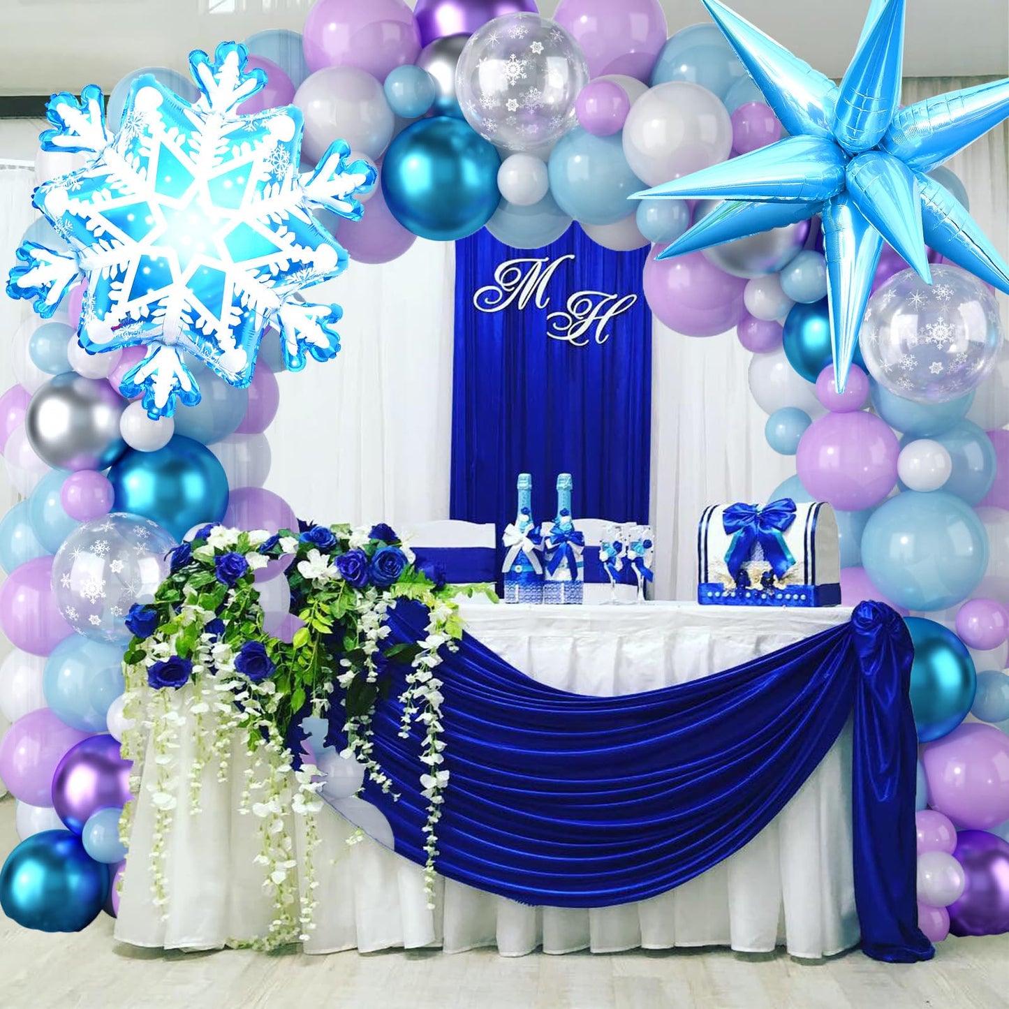 Frozen Balloon Garland Arch Kit, Snowflake Pearl Blue Purple Metallic Purple Blue Silver And White Balloons For Winter Wonderlan