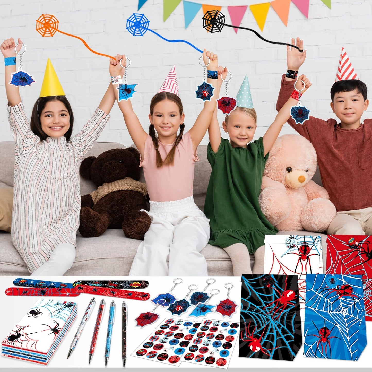 84pcs Spider Party Favors with Pens Notepads Paper Gift Bags Spider Web Key Chains Slap Bracelet Sticker Red Black Spider Themed