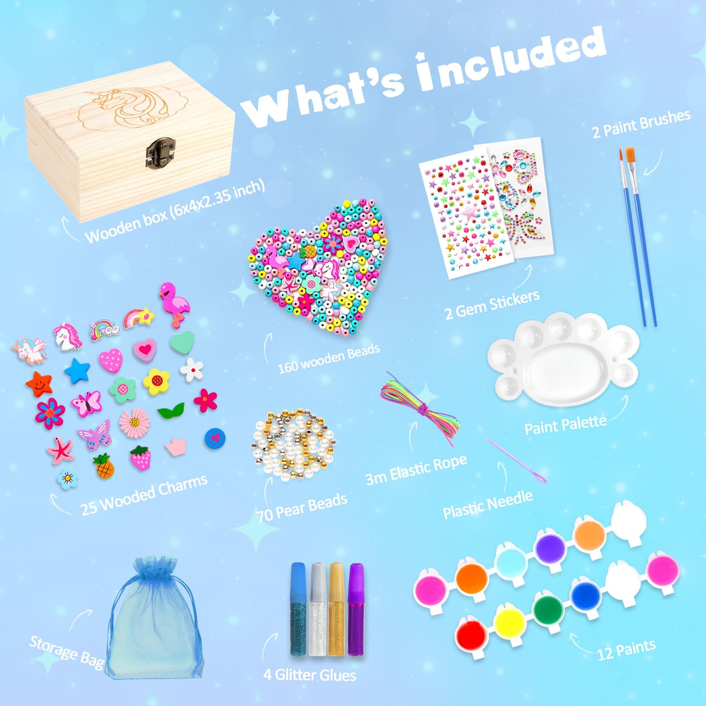 Jotiko Arts And Crafts For Kids Girls Age 6-8, Paint Your Own Jewelry Box & Bracelet Making Kit, Unicorn Toys For Girls 8-12 Years Old, 250Pcs Wooden Beads Charms Jewelry Making Kit Christmas Gift