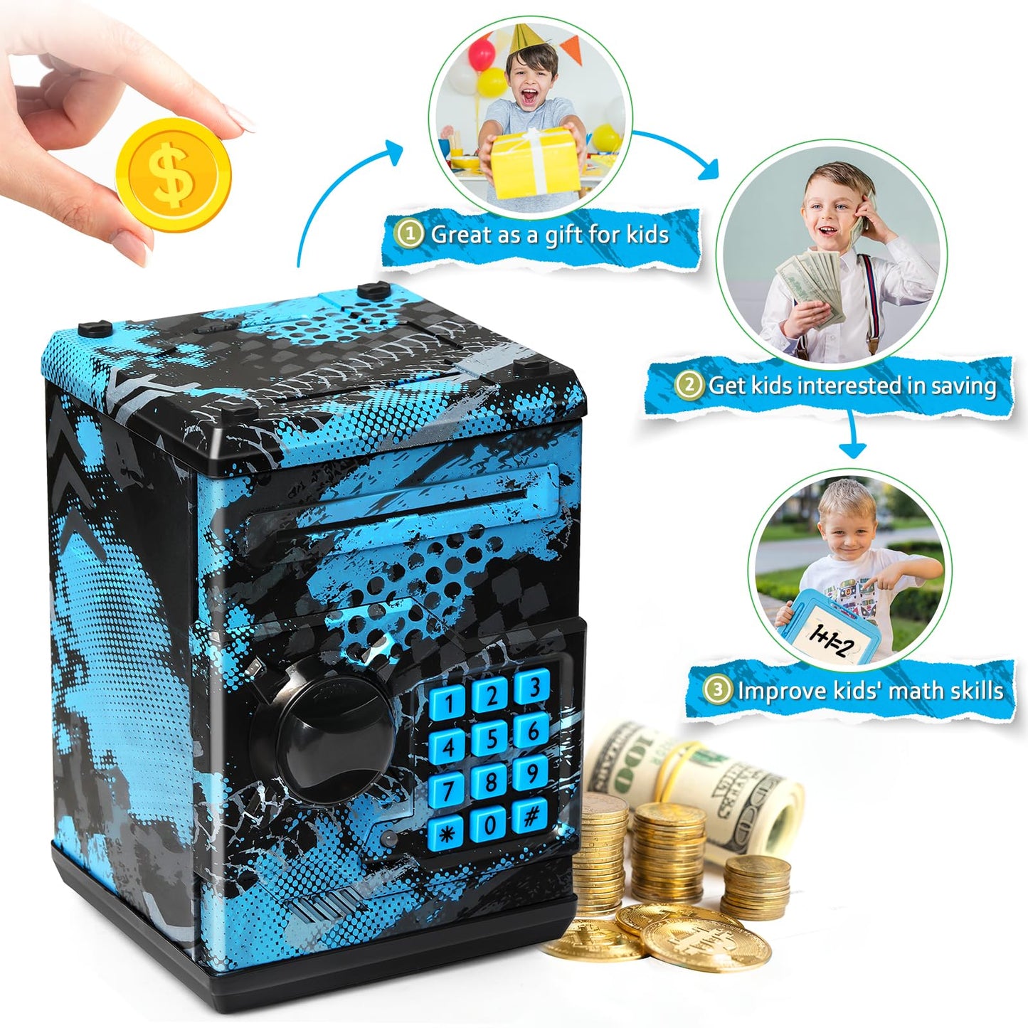 Atm Piggy Bank For Boys Girls, Vcertcpl Mini Atm Coin Bank Money Saving Box With Password, Kids Safe Money Jar For Adults With A
