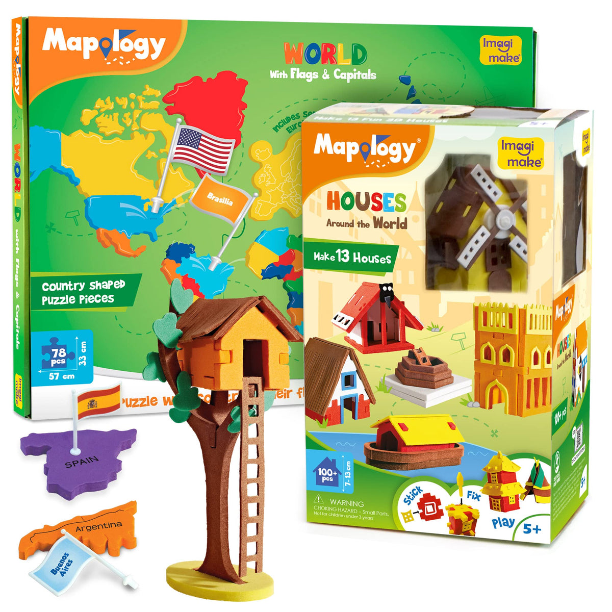 Imagimake Mapology World Map Puzzle with Flags & Capitals, Make Miniature Models of Houses Around the World, Educational Toy