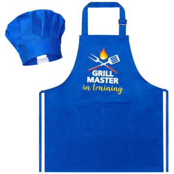 R HORSE Kid Apron and Chef Hat Set 2Pcs Adjustable Children Dark Blue Kitchen Apron, Dress up Role Play Chef Toy Cooking Baking