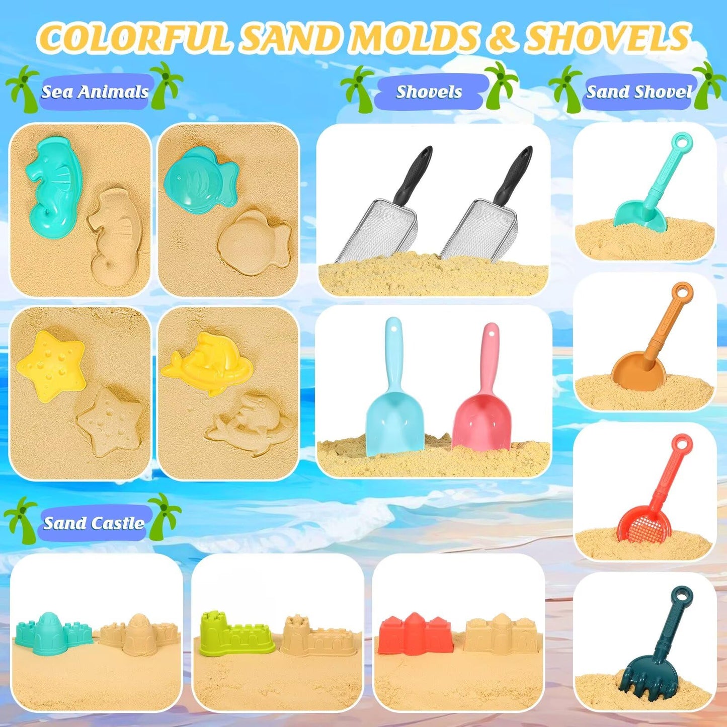 Beach Sand Toys For Kids,Sand Toys With 2 Collapsible Beach Bucket,2 Beach Sifter Shovel,Sand Shovel Set,Sand Castle Kit,Sea Ani