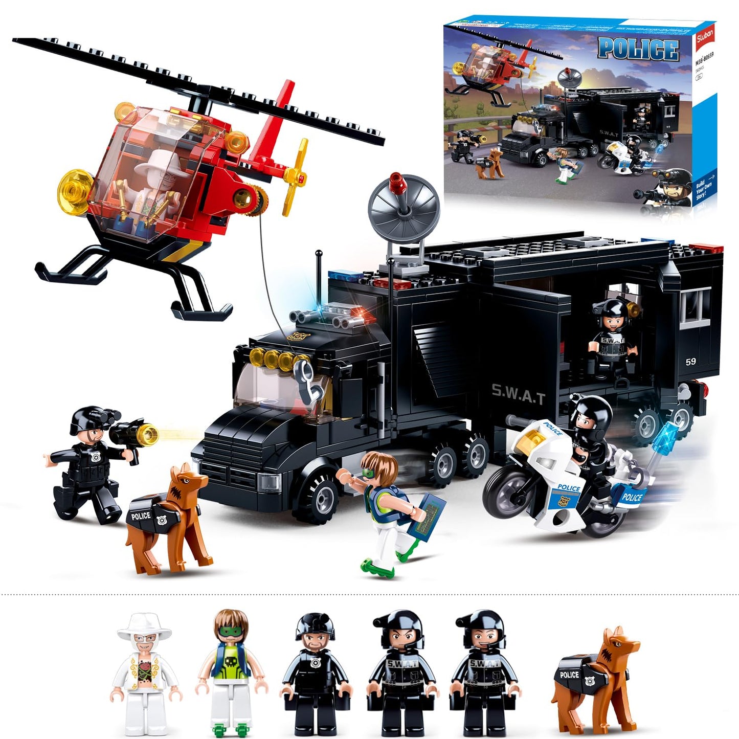 Sluban City Police Chase Building Set, Swat Mobile Command Police Truck, Helicopter & Motorcycle, 540 Pcs, Compatible With Lego,