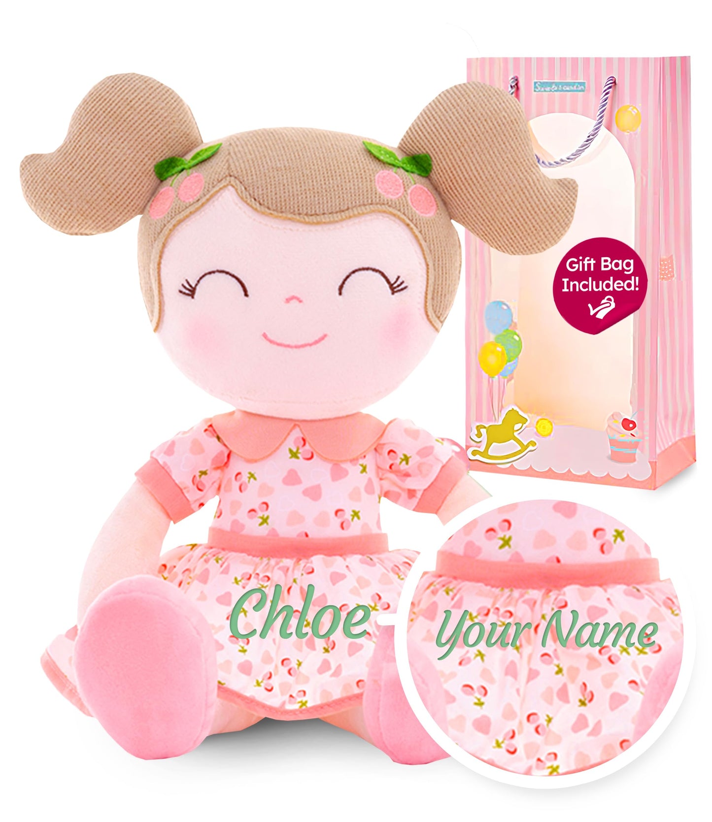 Gloveleya Personalized Doll With Your Name - Cute Pink Cherry Color Custom Soft Plush Doll For Girls Plush Doll Customized Gifts - Muñecas De Trapo Personalizadas Para Niñas