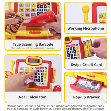 FS Toy Cash Register for Kids, with True Barcode Scanner & Calculator Toys, Pretend Play for Toddlers 3-5, Shopping Playset, Kid