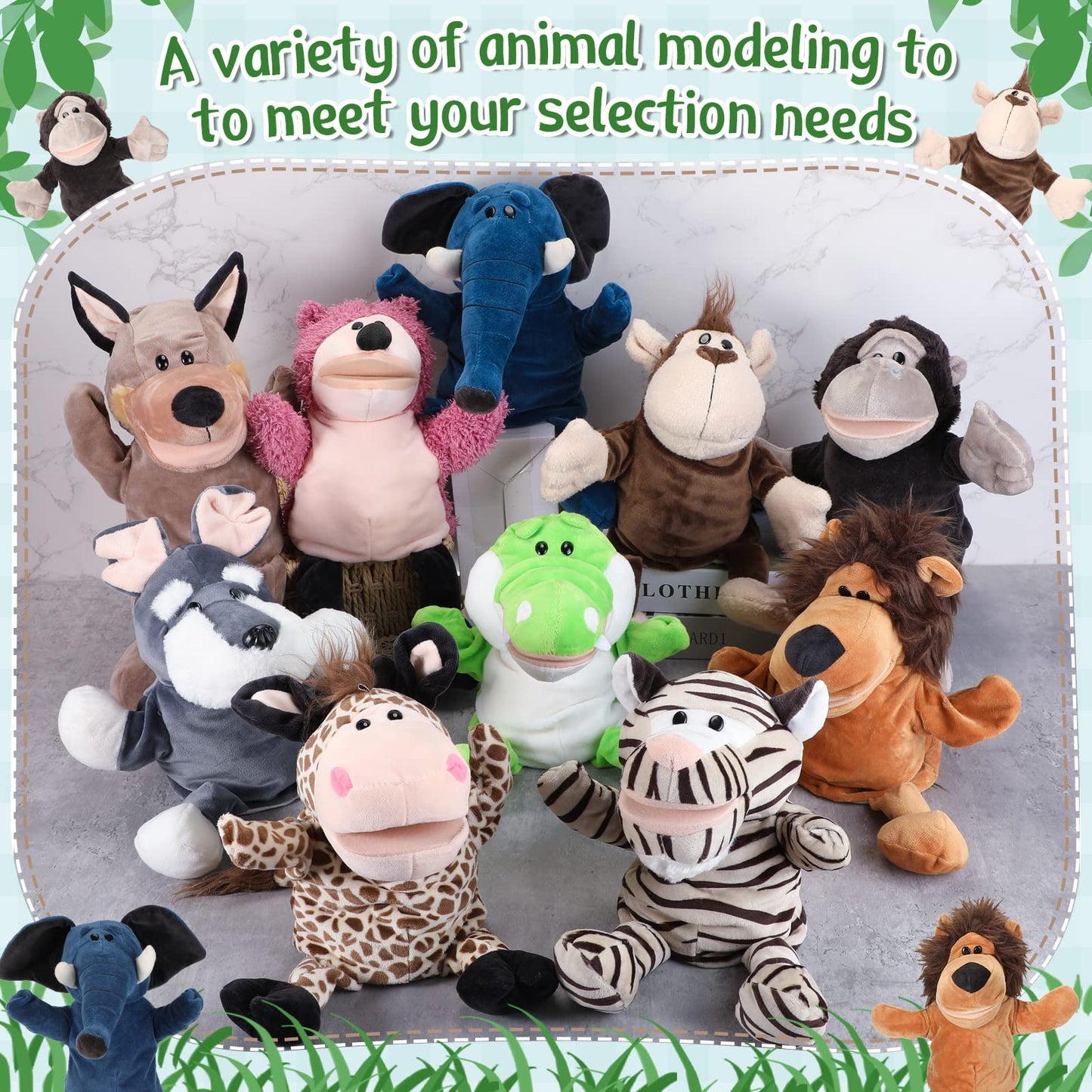 Wettarn 10 Pcs Animal Hand Puppets 12 Inch Soft Plush Plush Puppets Lion Orangutan Giraffe Tiger Pig Elephant Hand Puppets For B