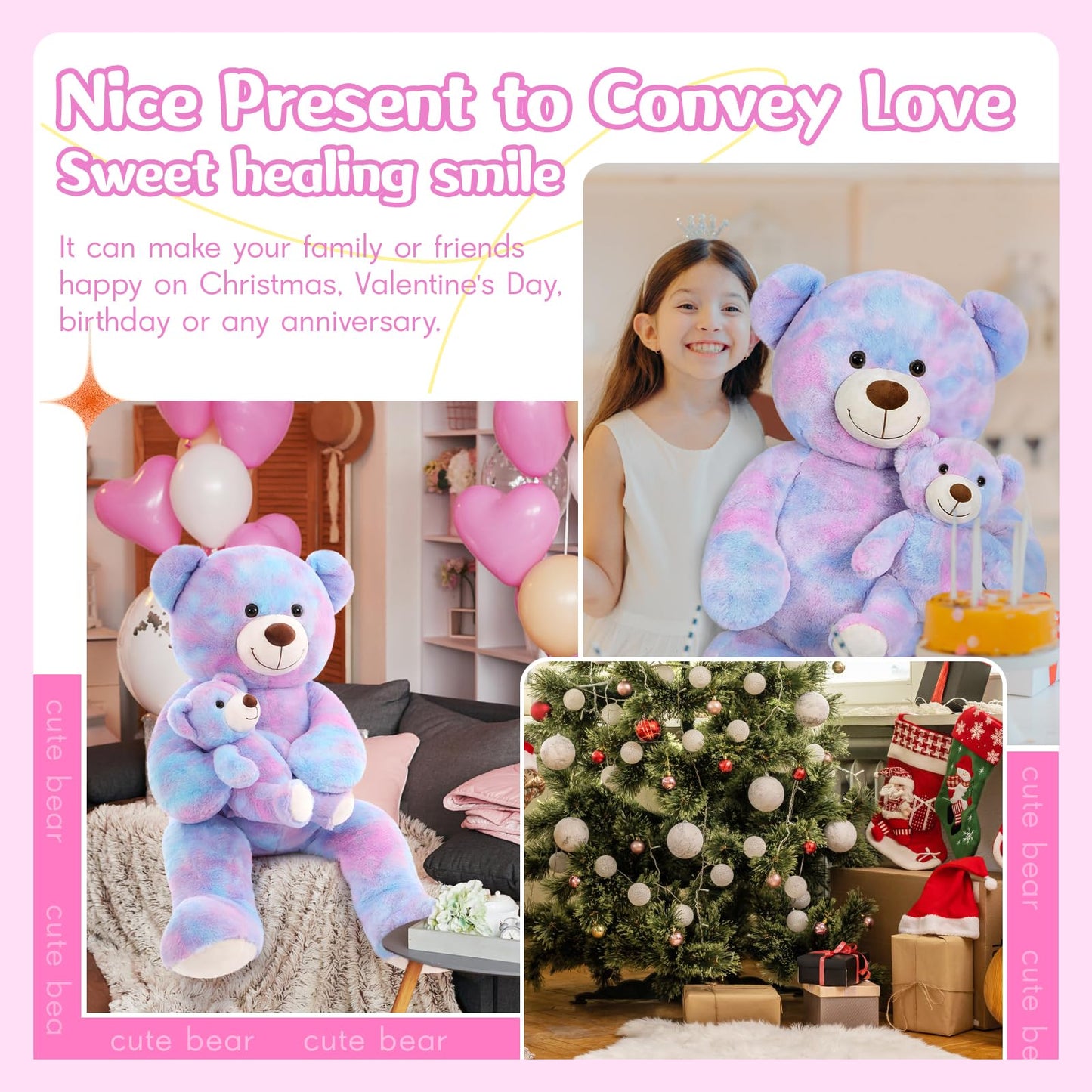 Tezituor Giant Teddy Bear Stuffed Animal 39In, Large Teddy Bear Mommy With Baby, Big Teddy Bear Stuffed Bear For Kids, Girlfriend On Mother'S Day, Valentine, Christmas, Baby Shower, Tie-Dye Purple