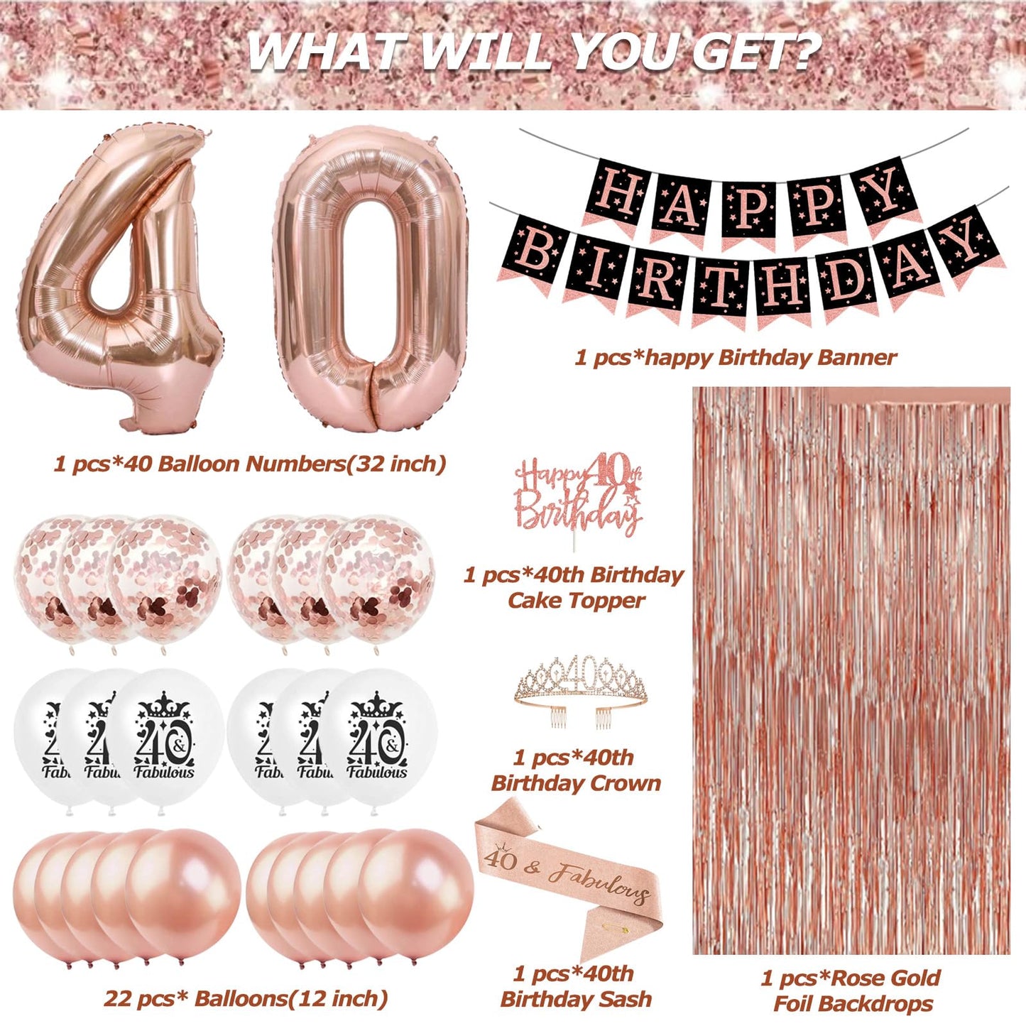 40Th Birthday Decorations For Women,Rose Gold Happy 40Th Birthday Party Decorations Woman Birthday Balloons 40 And Fabulous Sash