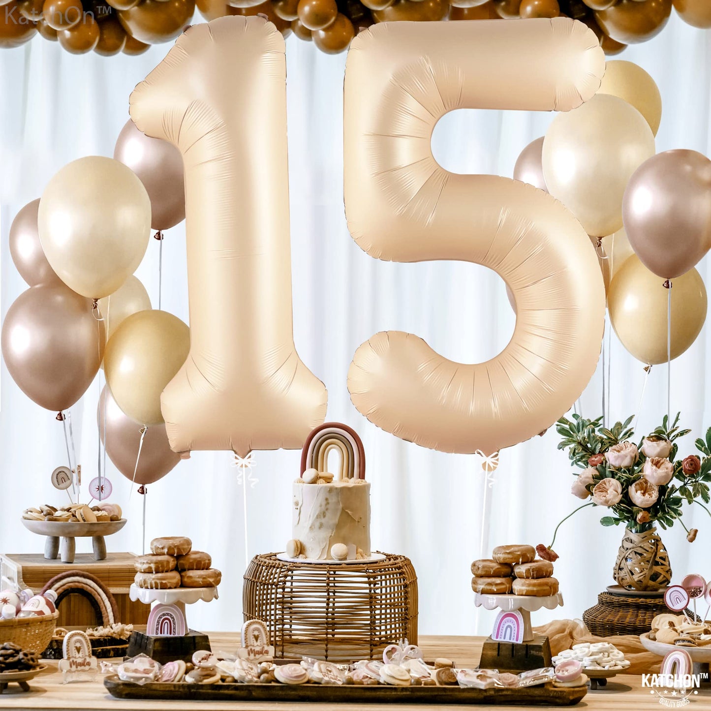 Katchon, Gaint Caramel 15 Balloon Number - 40 Inch | 15 Birthday Balloon Decor | 15Th Birthday Decorations For Party | Creme Number 15 Balloon | 15 Year Old Balloon For 15Th Birthday Party Supplies