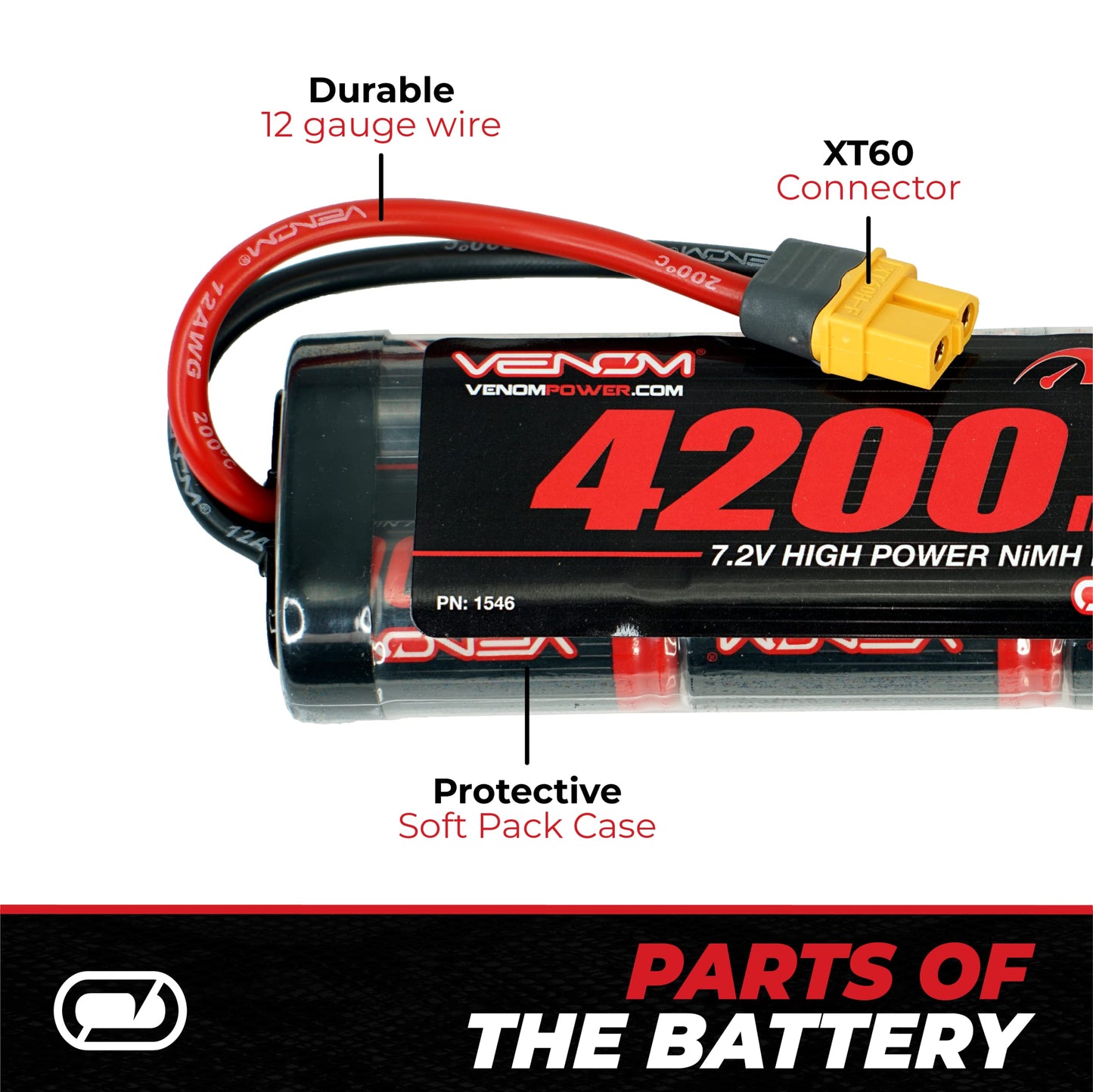 Venom Power - 7.2V 1C 4200mAh 6-Cell NiMH Battery - Universal Venom UNI Plug, 12 AWG Soft Silicone Wire Connector - Compatible w