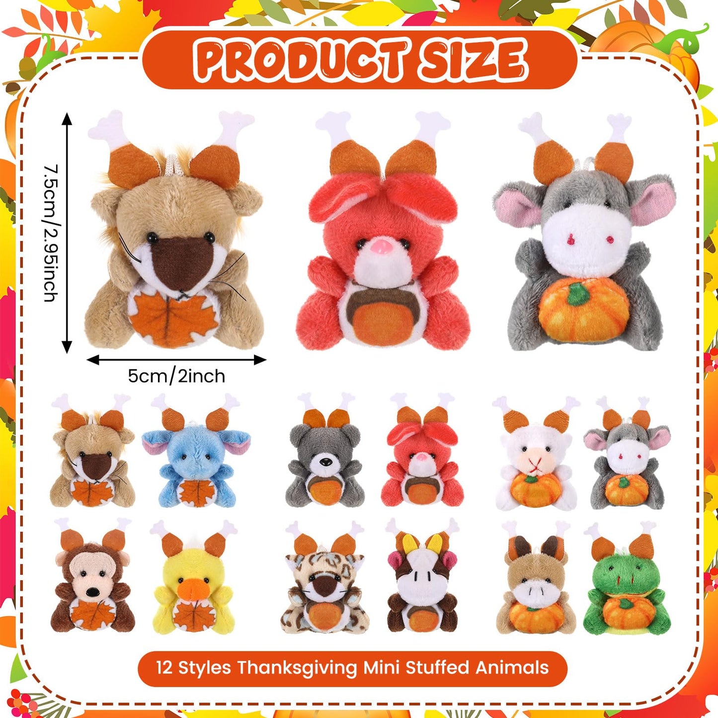Blueweenly 12 Pcs Small Thanksgiving Stuffed Animal Fall Mini Animal Plush Toys Autumn Small Animal Plush Keychains Tiny Thanksg