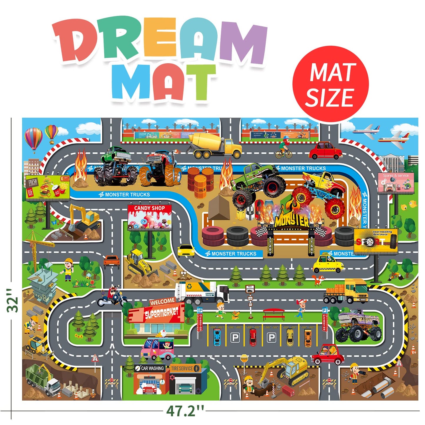 Oriate Kids Toy Dream Mat Monster Truck Activity Playmat, Multi Color Parent-Child Interaction Game Rug, Ideal Children'S Educational Floor Mats For Monster Cars Construction Truck Toys 552-M