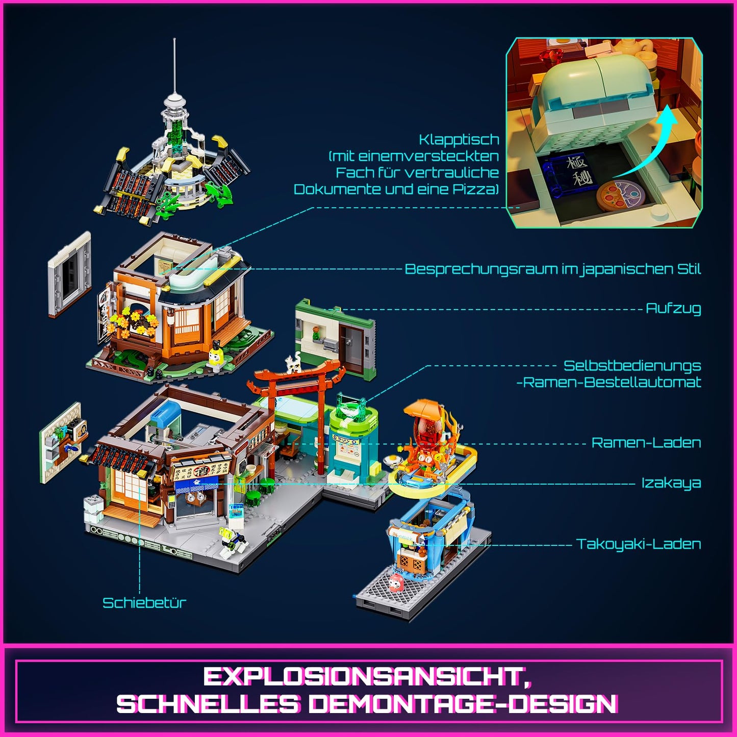 FUNWHOLE Cyberpunk Japanese-Izakaya Building Bricks Set, 1987 Pcs, LED Light Model, 11.1"x10.2"x16.2", Multicolor, F