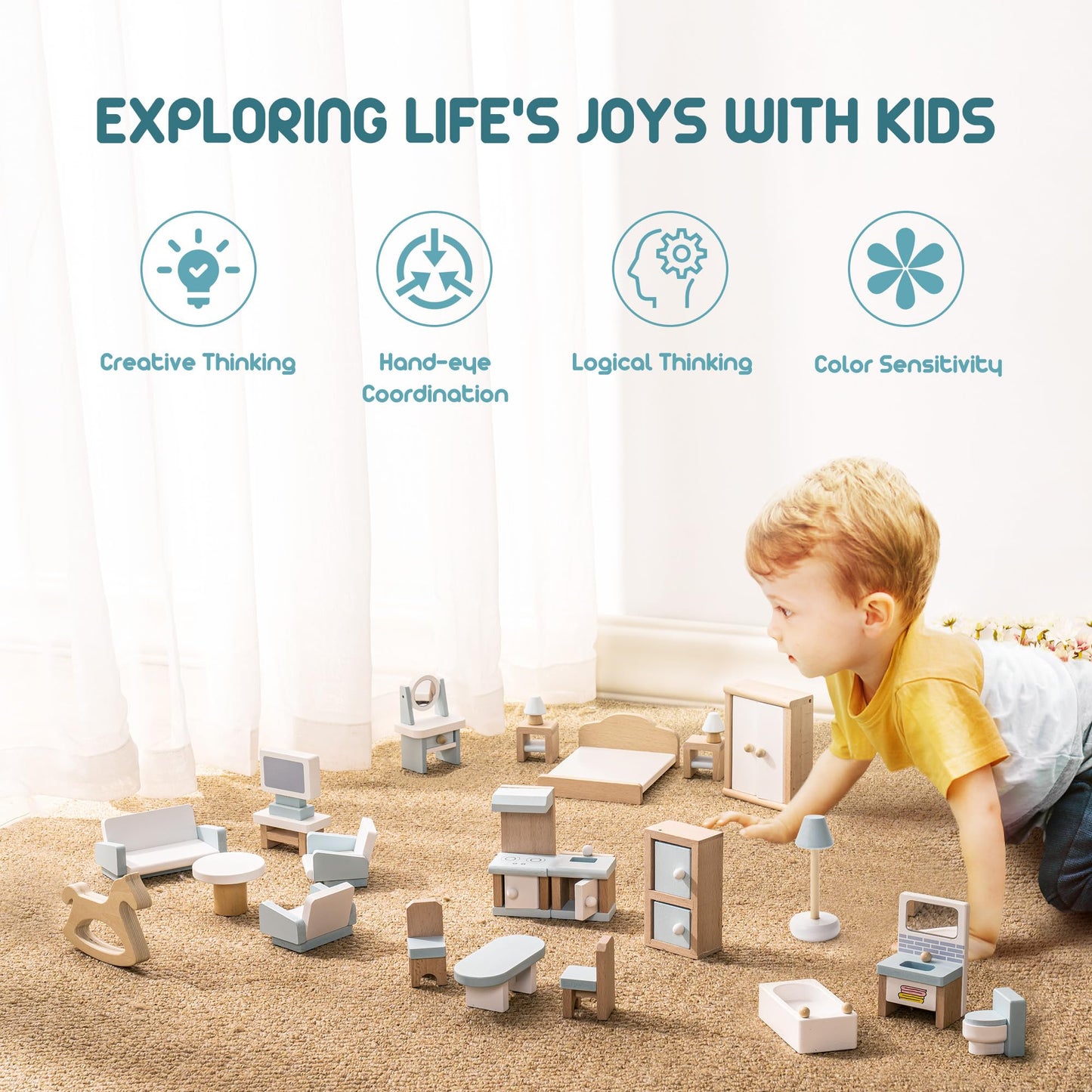 Robud Wooden Dollhouse Furniture Set, 23 Pcs Dollhouse Accessories, Miniature Furniture Including 5 Room Kits, Dollhouse Furniture Pretend Play Toys For Boys, Girls & Toddlers, 3+