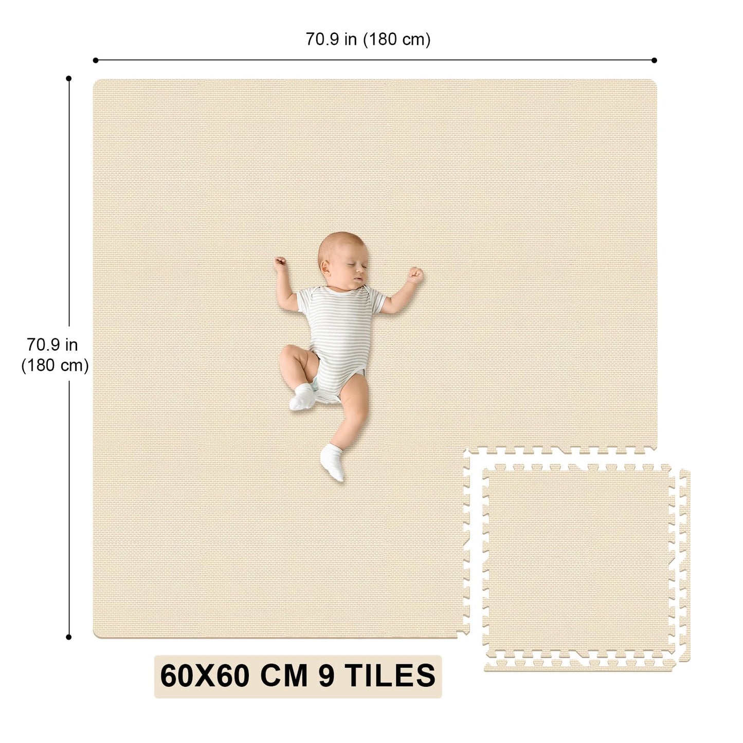 Hiwhy Puzzle Play Mat 9 Tiles With 18 Border Pieces, Interlocking Stitching Mat With Border For Living Room Playroom Gym, Beige
