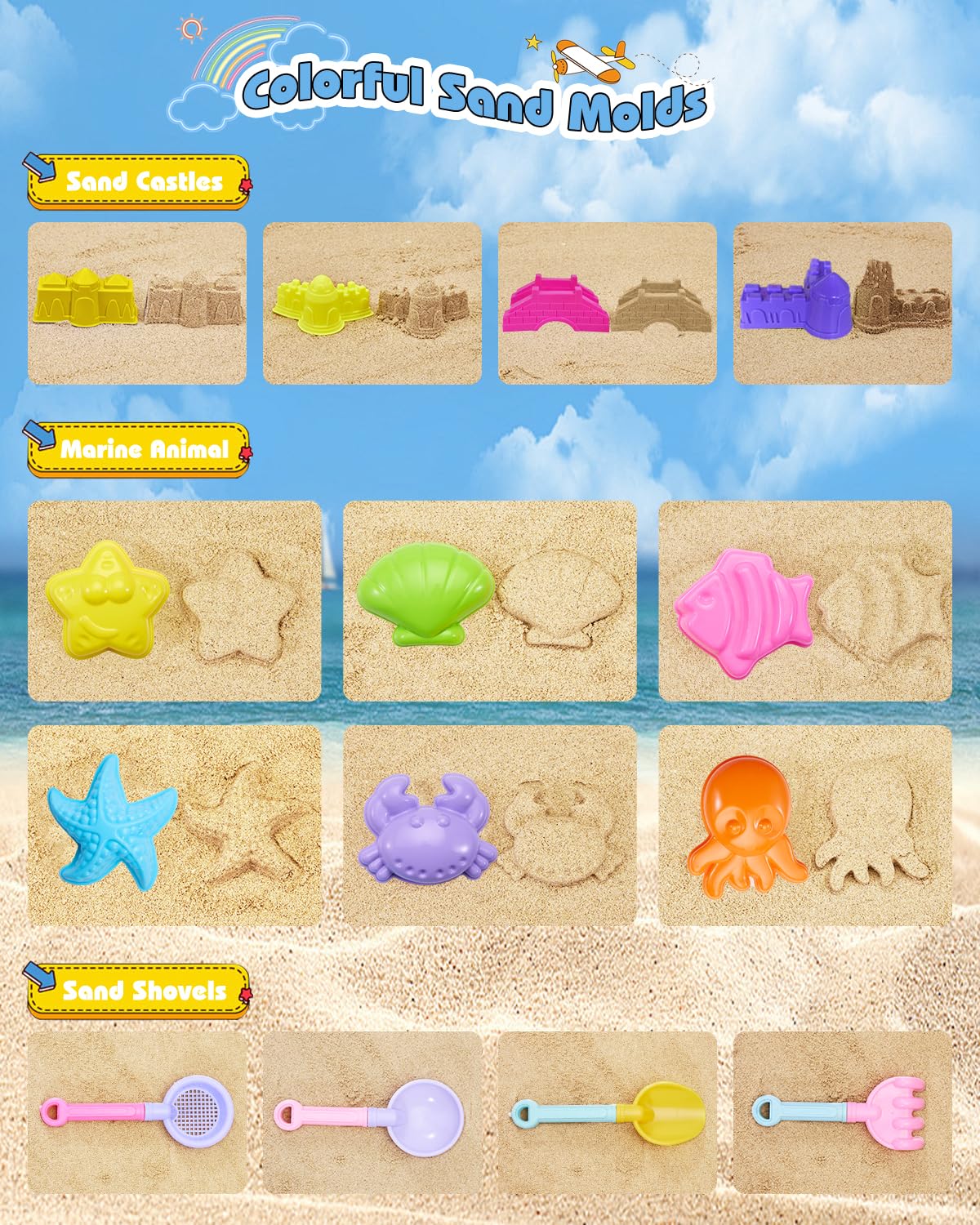 Unistylar Beach Toys, Sand Beach Toys for Toddlers with 3 Collapsible Foldable Sand Bucket and Shovels, Mesh Bag, Sand Castle An