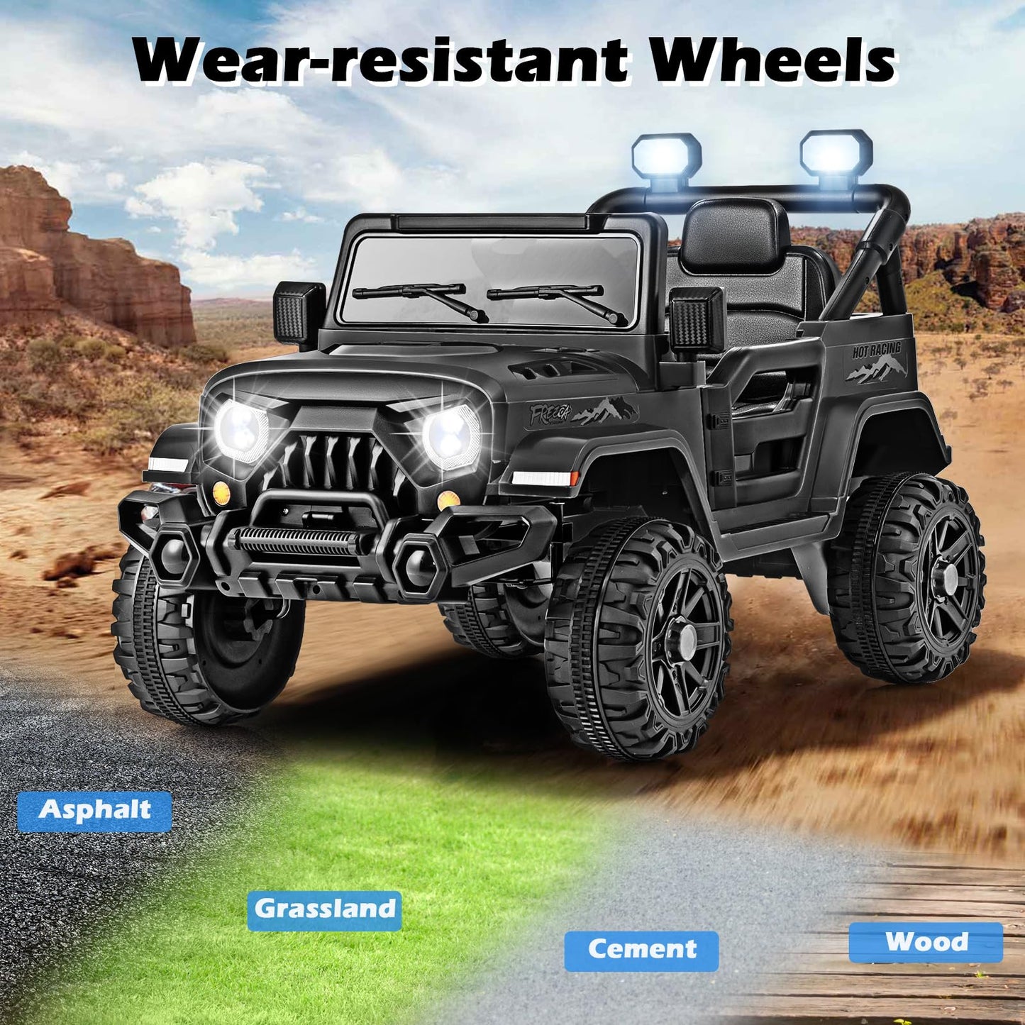 Olakids Ride On Truck, 12V Battery Powered Electric Vehicle For Kids With Remote Control, Bluetooth, Power Display, Led Lights, Music Player, Ride On Toy For 3+ Boys Girls (Black)