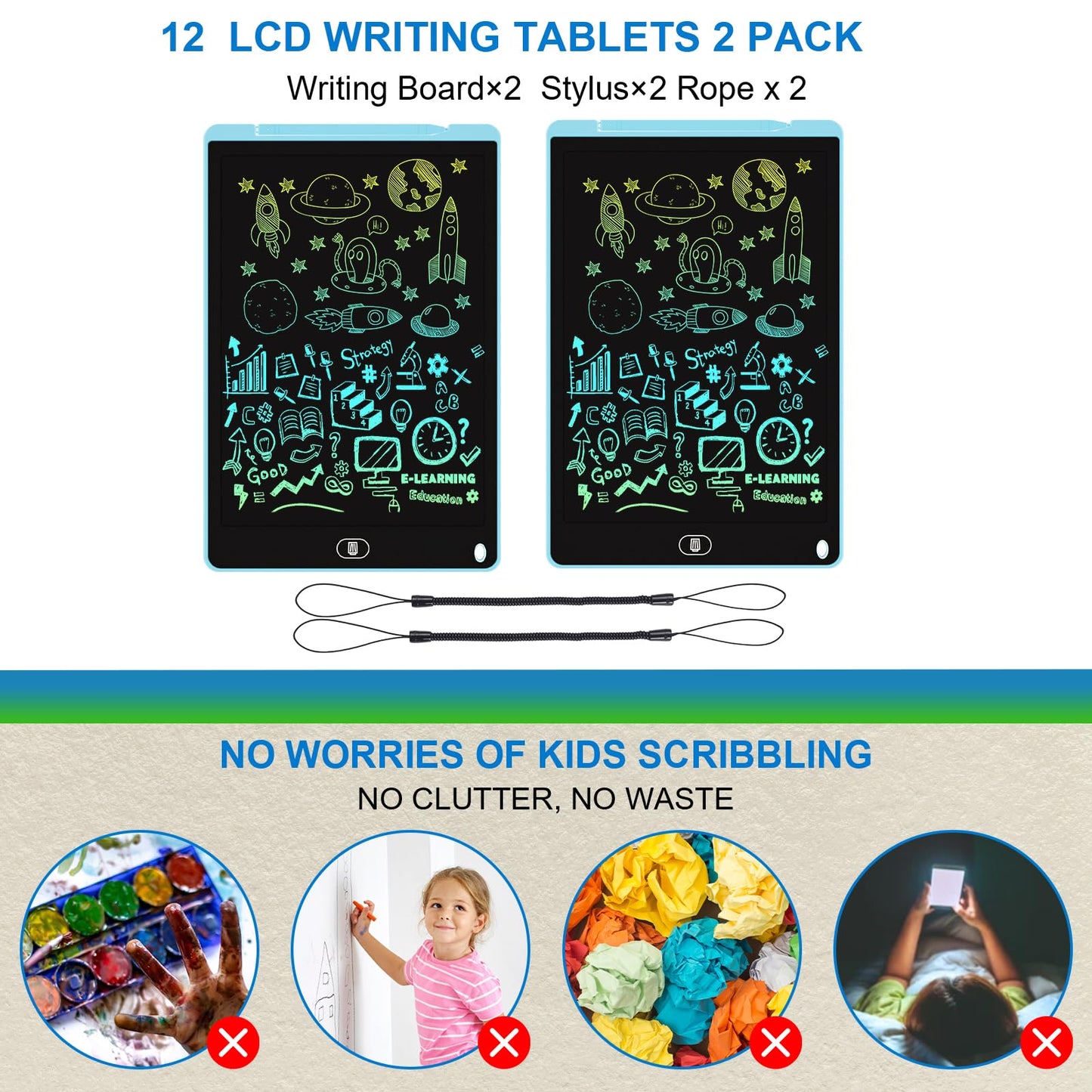 2 Pack 12 Inch Lcd Writing Tablet For Kids, Electight Colorful Doodle Board, Eye Protection Drawing Tablet With Lock & Erase Fun