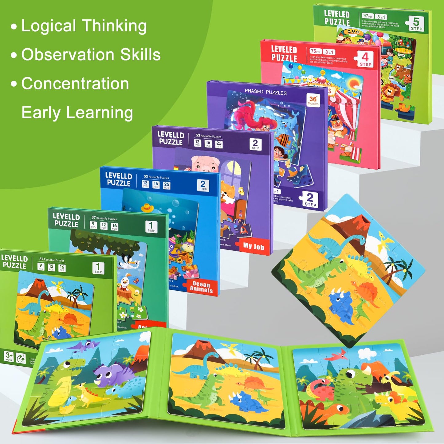 ASTARON Magnetic Puzzles for Toddlers, 16-20-25 Pieces Dinosaur Land Learning Magnet Puzzles for Road Trip, Educational Travel T