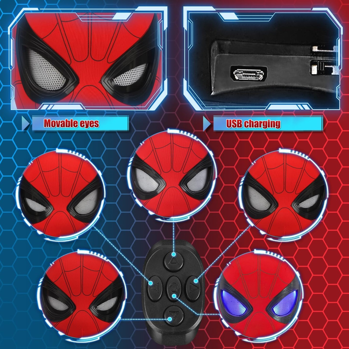AUGMAXI Electric Spider Superhero Role-Playing Mask Toy with Moving Eyes and LED Lights - Remote Control Ring, Fun Gift for Men
