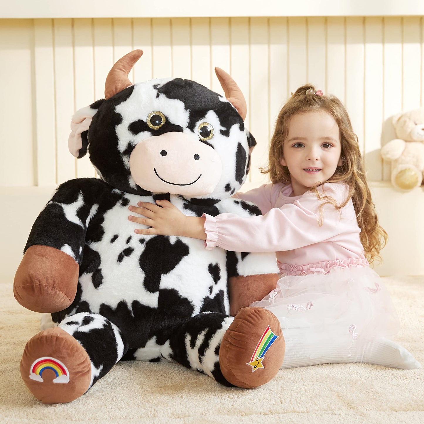 EARTHSOUND Giant Cow Plush Toy - Jumbo 30" Black and White Soft Stuffed Animal, Model 2236529, Perfect Gift for Kids