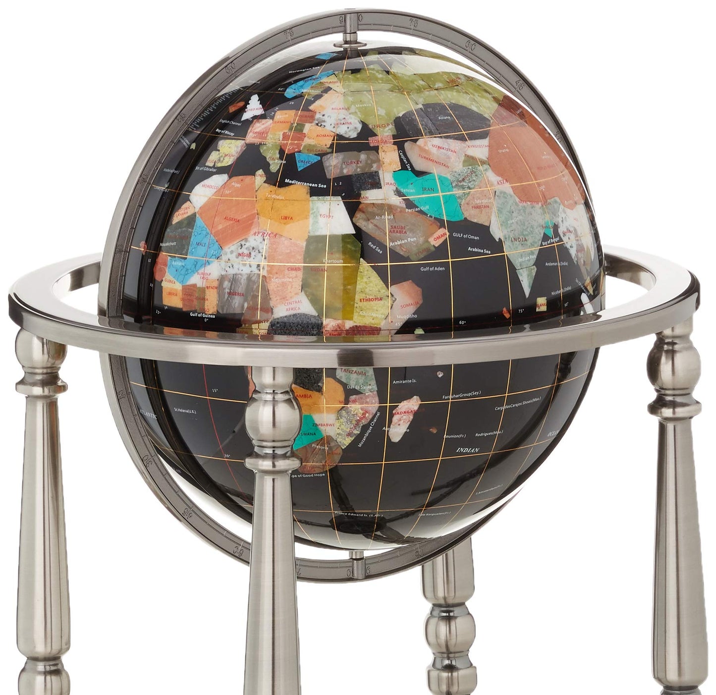 Unique Art 36-Inch By 13-Inch Floor Standing Black Onyx Ocean Gemstone World Globe With Silver 4-Leg Stand