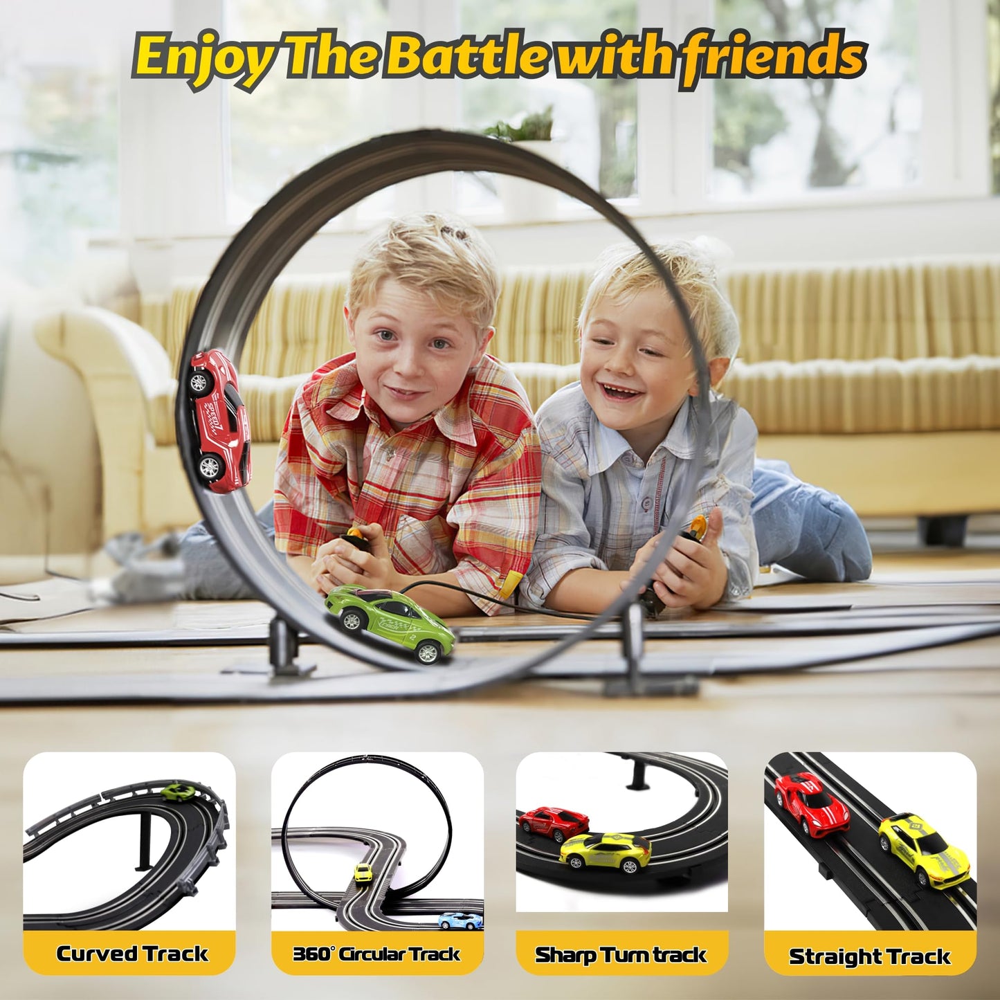 Slot Car Race Track Sets, 23 Ft Powered Or Electric Track With 4 Slot Cars, Dual Racing Race Track Set Features A Loop, Turns, Straightaways And A Crossover,Toys & Gifts For Boys Age 4-12