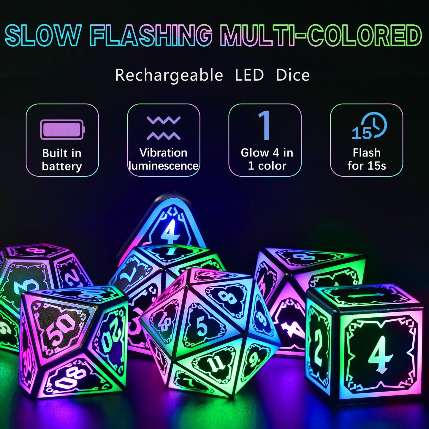 FONVGOGO Light Up Dice Set D&D for Dungeons and Dragons 4 in 1 Color, Cool LED DND Dice with Charging Box Rechargeable Polyhedra