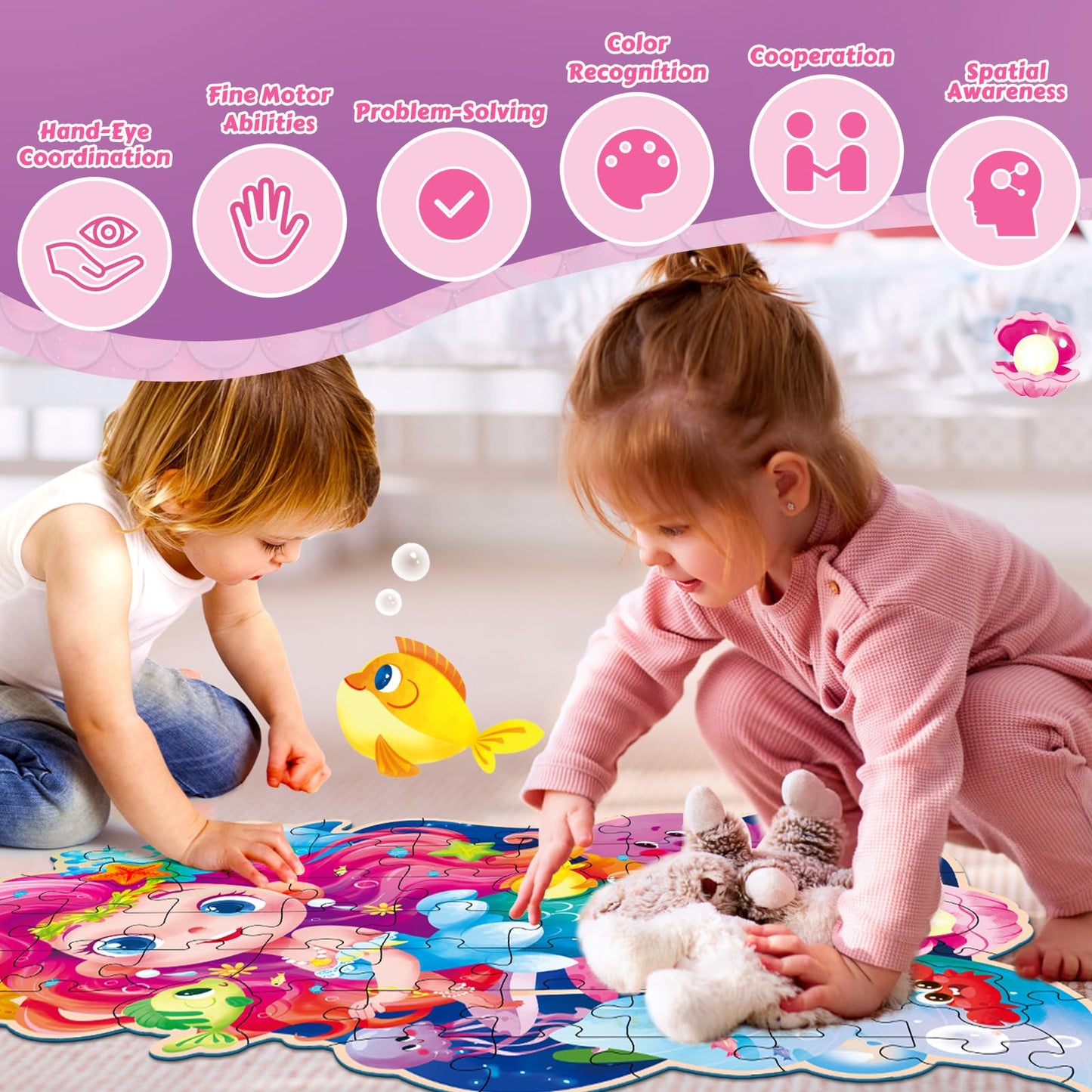 Mermaid Floor Puzzles For Kids Ages 4-6, Mermaid Toys For Girls, 59 Pieces Blue Cardboard Jumbo Jigsaw Puzzles For Toddlers, Edu