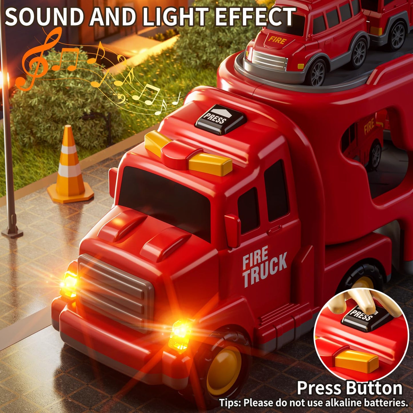 JUKUDAHU 7-in-1 Fire Trucks Car Toys for 3 4 5 6 Years Old - Transport Truck Toys for Toddlers 4-6, Trucks Toys with Sound and L