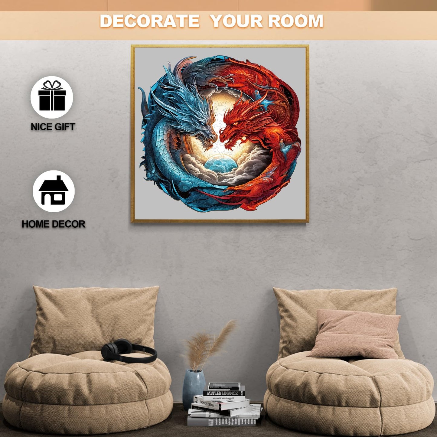 Woodbests Wooden Puzzle For Adults, Yin-Yang Dragon Puzzle (M, 200Pcs, 11.3'X10.9') Beautiful Wooden Box, Wooden Jigsaw Puzzles Unique Shape, Birthday Gifts For Adults And Kids Family Game