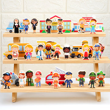 Gemscream 50 Pcs Wooden Community Helpers Pretend Play Set Community Includes Little Wooden People Buildings Cars Multicultural